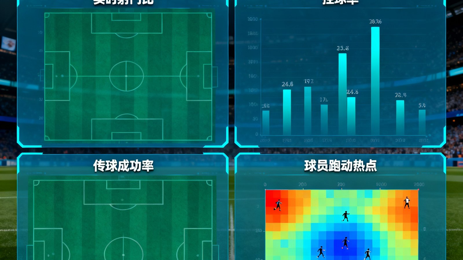 懂球体育数据统计仪表盘，展示足球比赛实时射门比、控球率、传球成功率以及球员跑动热点